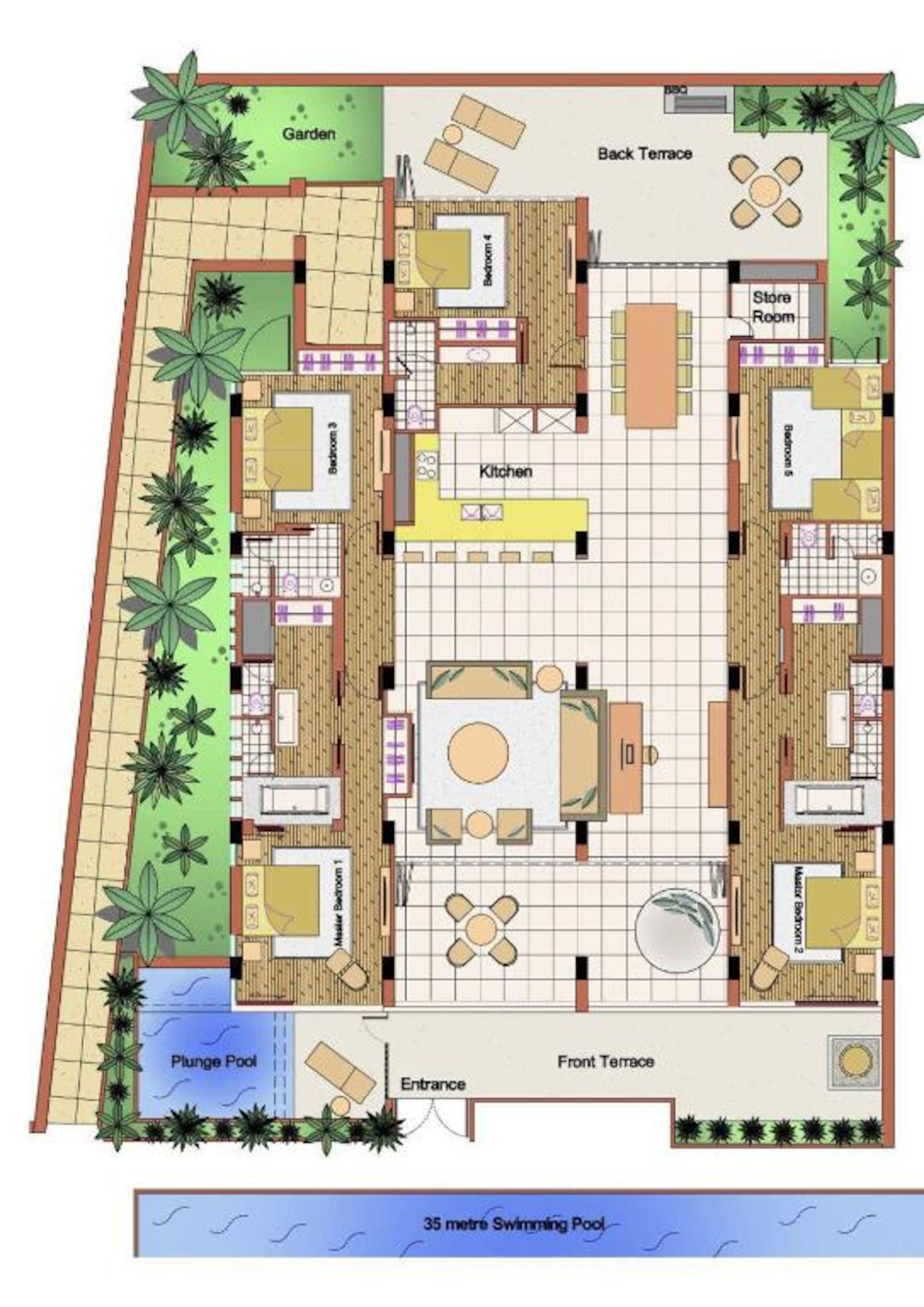 Actual floor plan of Surin Residence showing five bedrooms, living area, terraces and pools