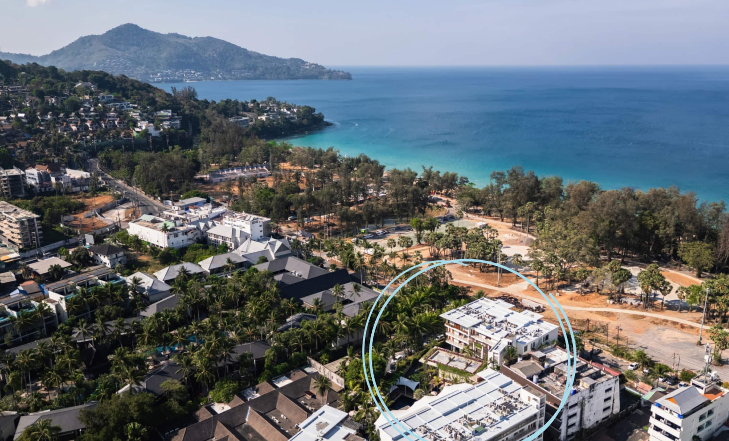 Aerial view showing Surin Residence beside the park and Surin Beach